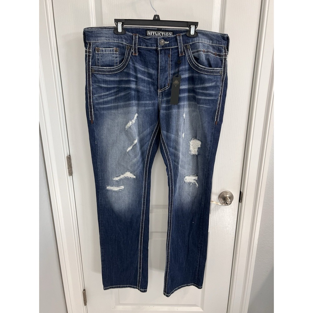 Affliction Mens Straight Leg Distressed Jeans Dark Wash Heavy Stitch 38 110SS226